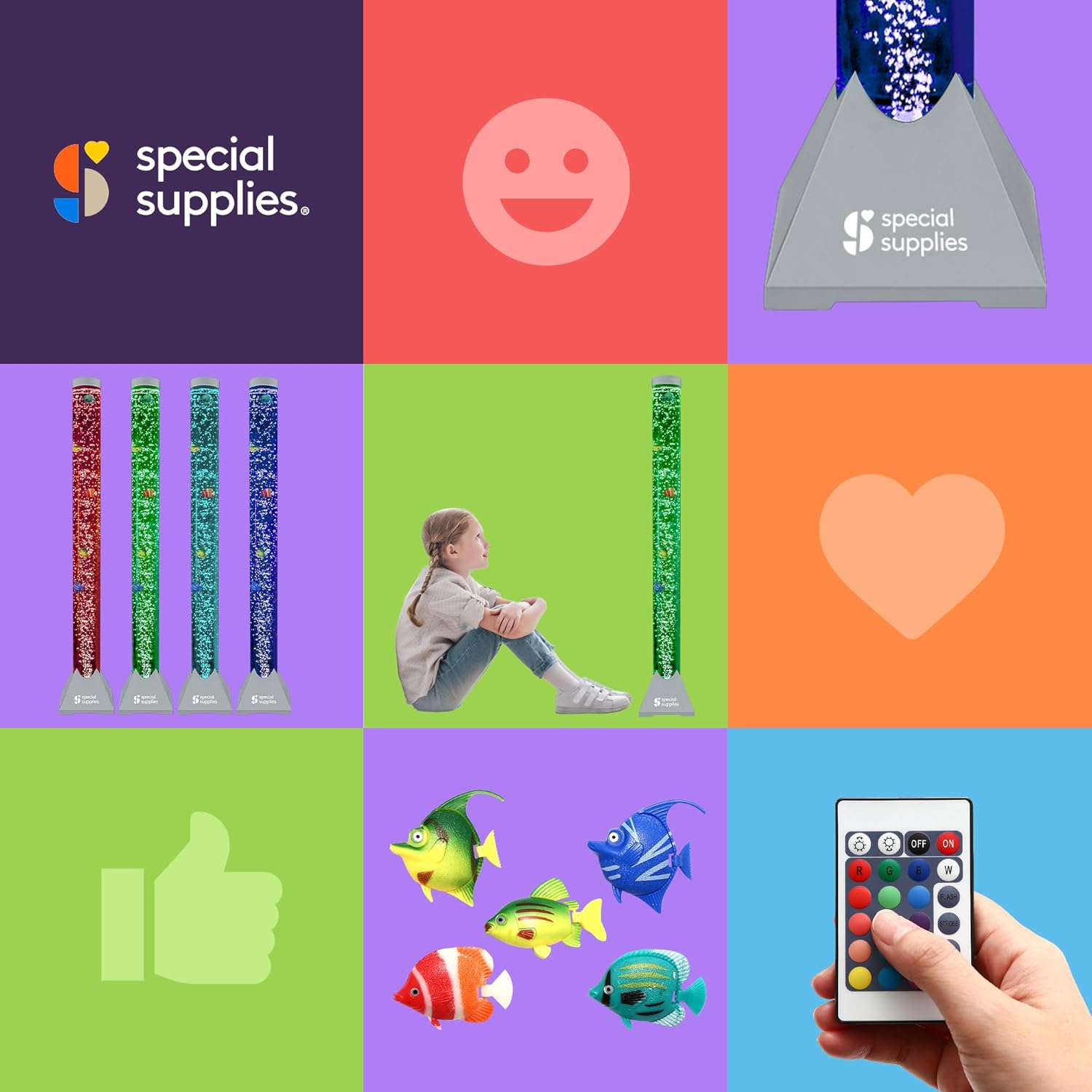 Special Supplies Aquarium Sensory Fish Bubble Light Tube with 16 LED Color Changing Nightlight Effect, Remote Control, and 8 Fishes, Colorful Floor Standing Lamp for Kids and Adults (4 feet)