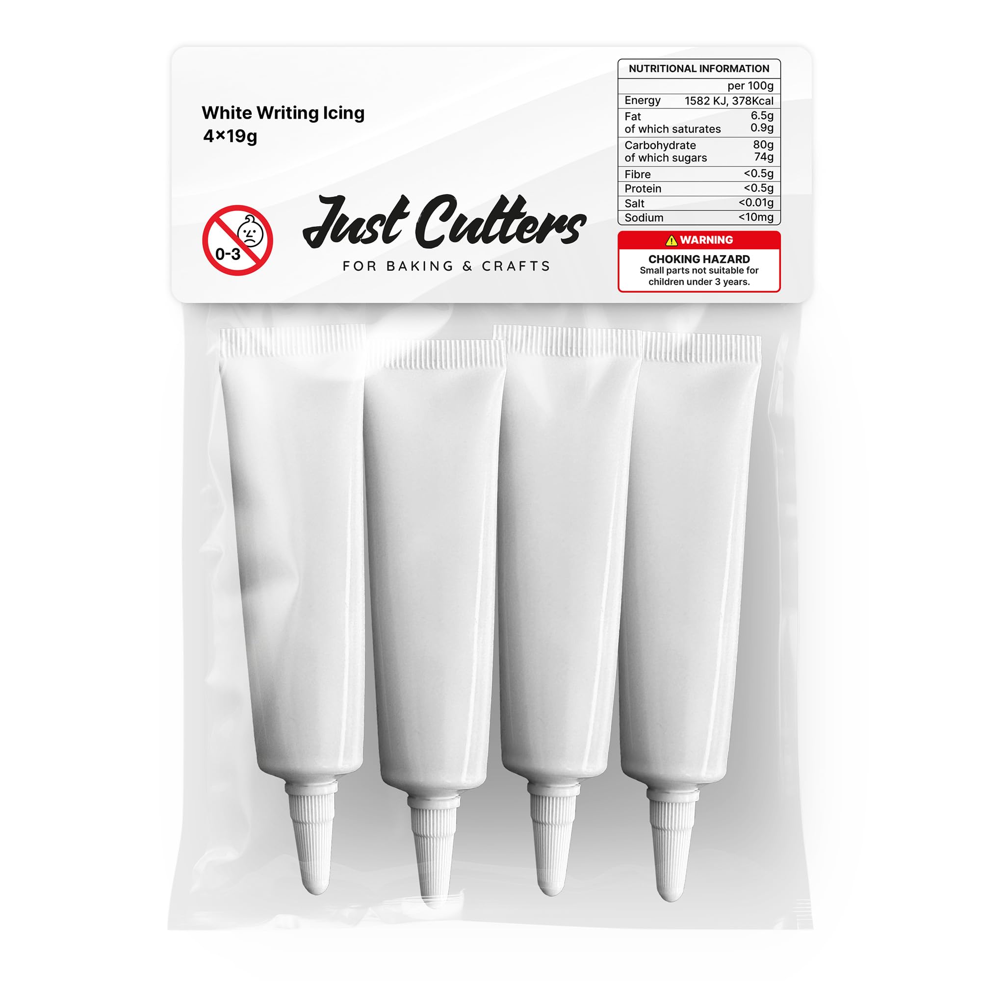 JUST CUTTERS Pack of 4 x 19g White Writing Icing Tubes | Ready To Use | Instant Icing Pens for Writing, Drawing & Personalising Cakes, Biscuits & Baking