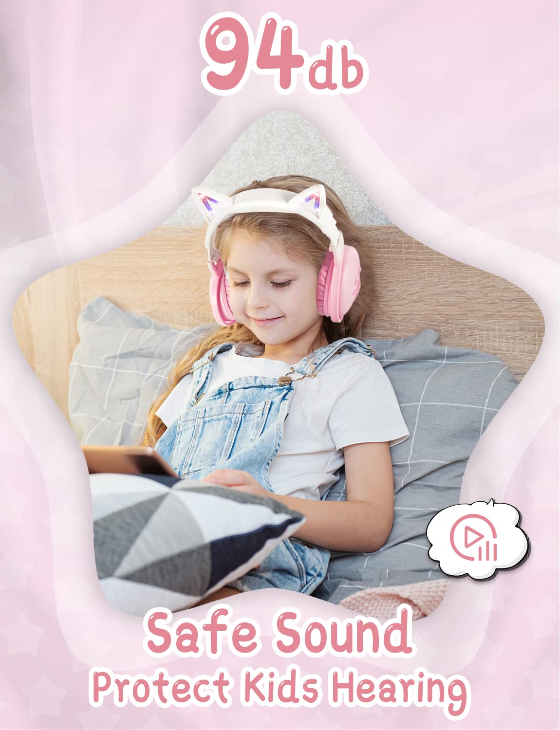 Casque Enfant Bluetooth Oreilles Chat - Microphone HD, Volume Limité 94dB - Pliable, Réglable - Pour école, Tablette, Smartphone - Rose