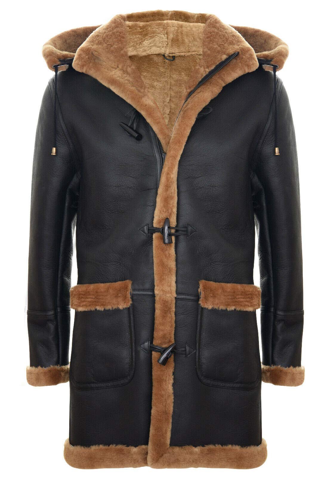 Infinity Leather Men's Brown Warm Winter Long Real Sheepskin Leather Ginger Hooded Duffle Coat Xl