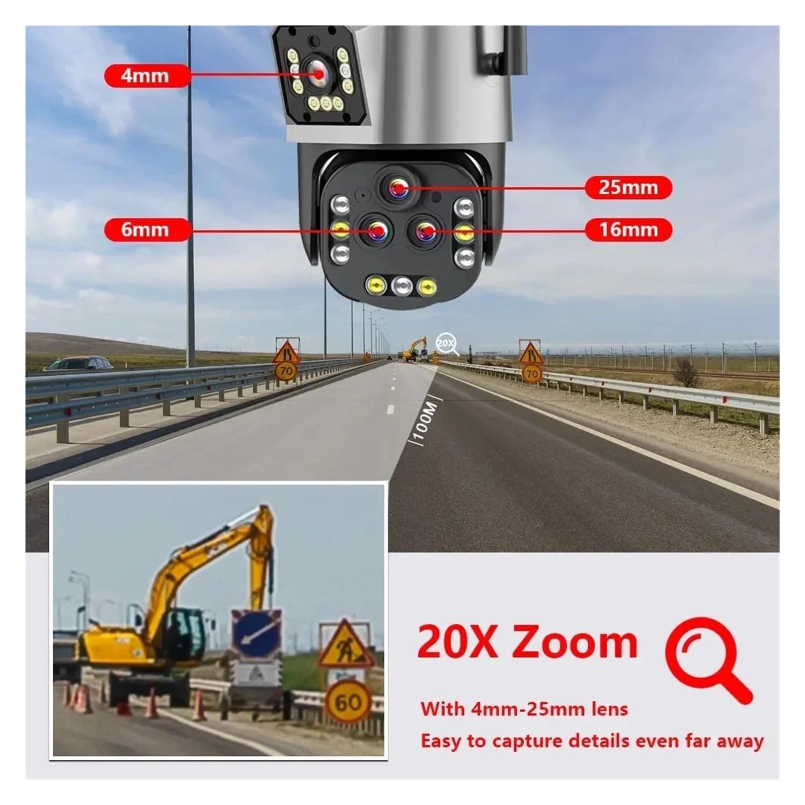 Caméra WiFi PTZ à Quatre objectifs 16MP 8K