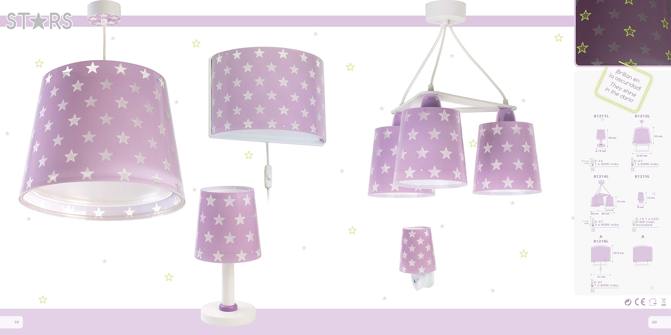 Dalber Lampada da soffitto per Bambini, Stelle Malva Lilla 60 W