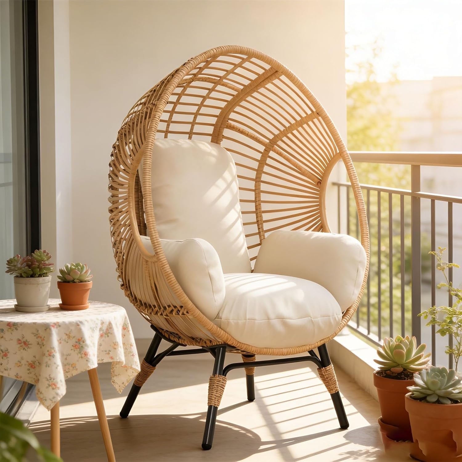 Balcony Chairs Wicker Egg Style, Indoor Outdoor, Weather-Resistant PE Rattan, 400lbs Capacity with Cushion(Natural)