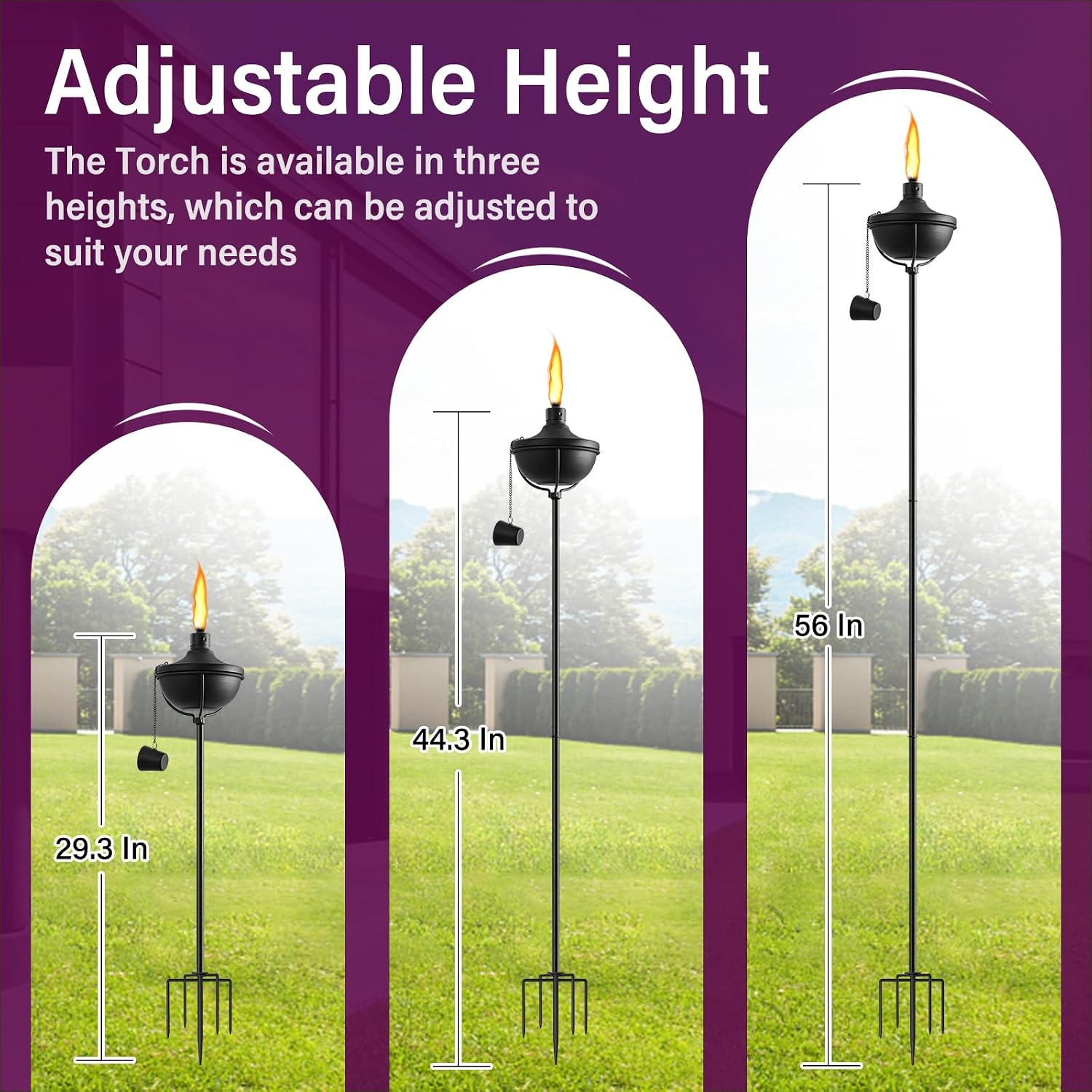 ZSPENG Home Garden Torch Set of 2, Outdoor Metal Torches with 5-Prong Grounded Stake, 56-Inch Adjustable Citronella Torches, 23.5 oz Metal Light for Patio, Pathway, Party (Ultra-Stable Design)