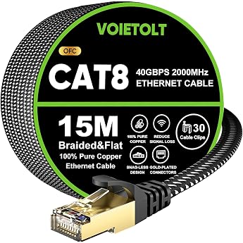 CAT 8 LAN Cable 15 m 40 Gbps Network Cable Ethernet Flat Braided High Speed S/FTP Shielded Internet Cable RJ45 Gold-Plated Connector Patch Cable for Gaming PS4/5 Modem Router PC TV