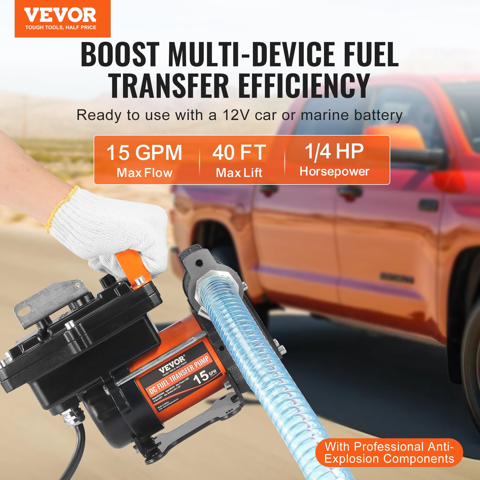 VEVOR Bomba Transferencia de Combustible 12V CC 15 GPM 1/4 HP Bomba de Transferencia de Diésel Eléctrica Portátil con Boquilla de Combustible Apagado Automático para Mezclas de Gasolina, Diésel