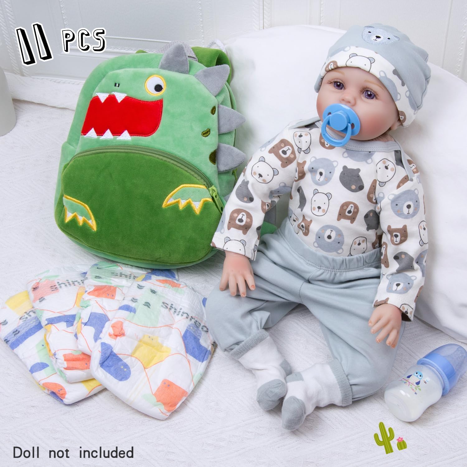 11 Pcs Reborn Baby Doll Clothes with Backpack for 17-22 Inch Reborn Dolls Boy Clothes Accessories Dinosaur Carrier Diaper Set
