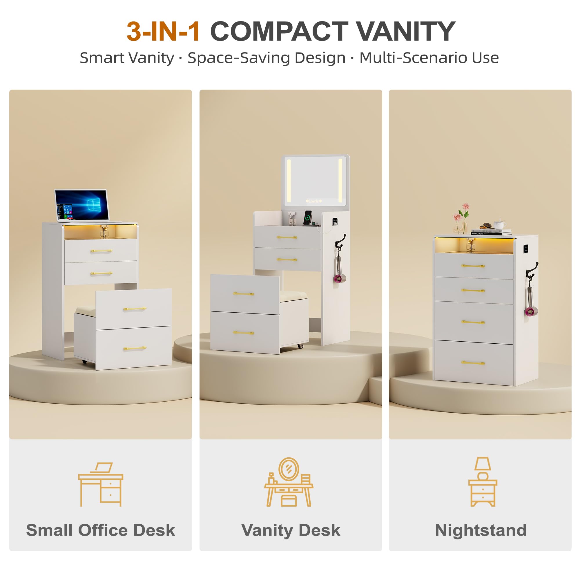 Lvifur 3 in 1 Vanity Desk with Flip Top Mirror and Lights,Modern Glass Top Small Makeup Vanity w/Charging Station & Human Sensor Light,Compact Vanity with 3 Drawers,Rolling Cushioned Stool