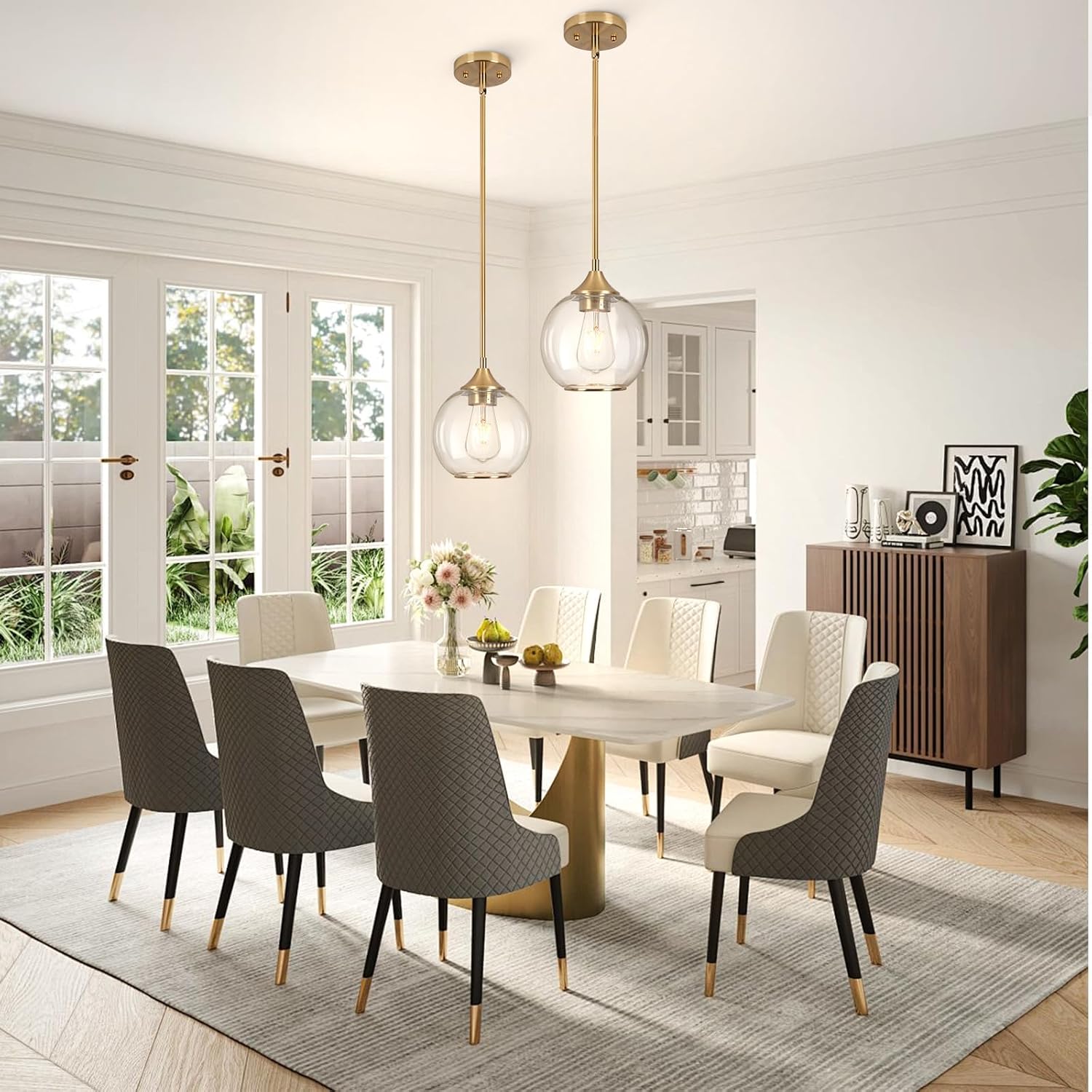 Pendant Lights Kitchen Island,Farmhouse Gold Pendant Light with Clear Glass Globe Shade,6.29" Glass Pendant Light for Brushed Bronze Finish Farmhouse Entryway Dining Room Kitchen Island 2PCS