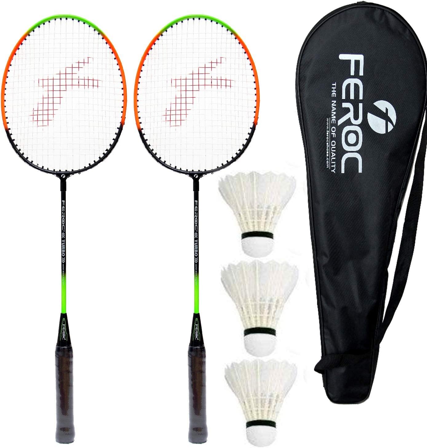 Feroc 440 Aluminum Set of 2 Badminton Racket with 3 Pieces Feather shuttles with Full Cover Fulfilled by Amazon., White