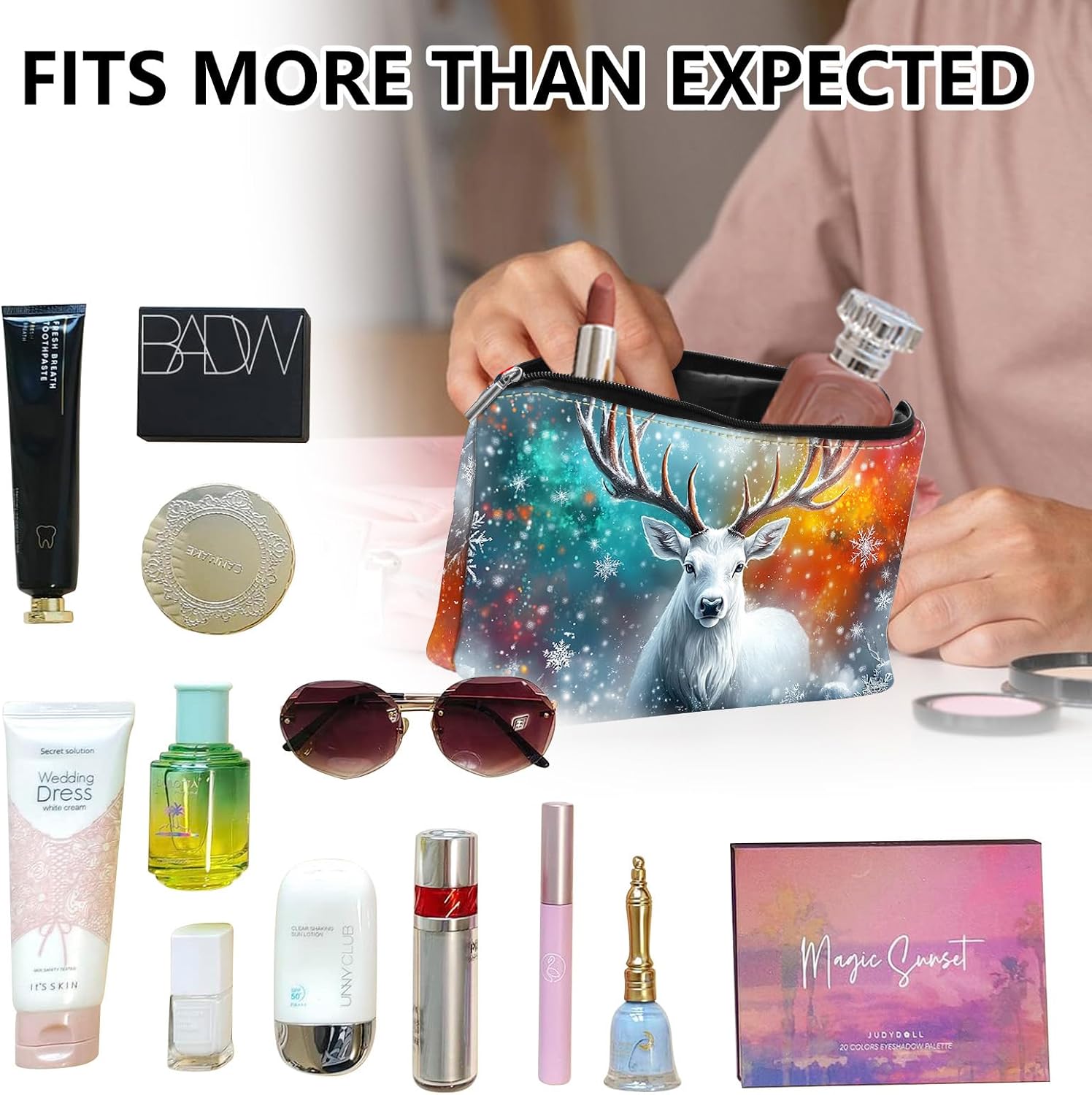 FUYOCWE Christmas Deer Makeup Bag with Detachable Wrist Strap and Small Folding Mirror - Waterproof, Portable PU Leather Toiletry Pouch & Cosmetic Bag for Travel, Ideal Gift for Women