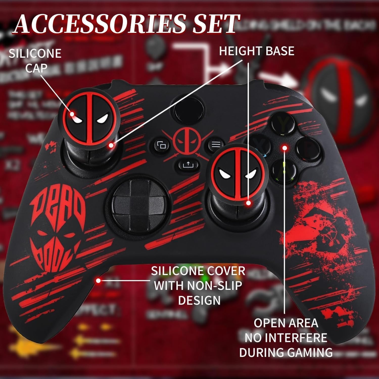 Silicone Skin Cover Sticker x 1 & Extender Grips x 2 for Xbox Series/One Controller Deapool