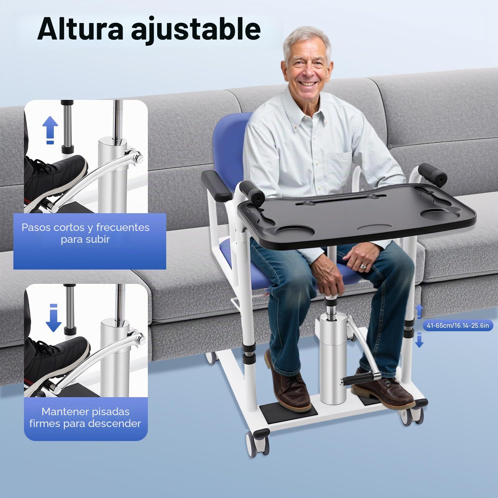 Elevador hidráulico para pacientes y silla de aseo con función de inodoro, ayuda de transferencia de altura ajustable (30-46 cm) para personas mayores, 150 kg, 4 ruedas con frenos, ideal para el hogar