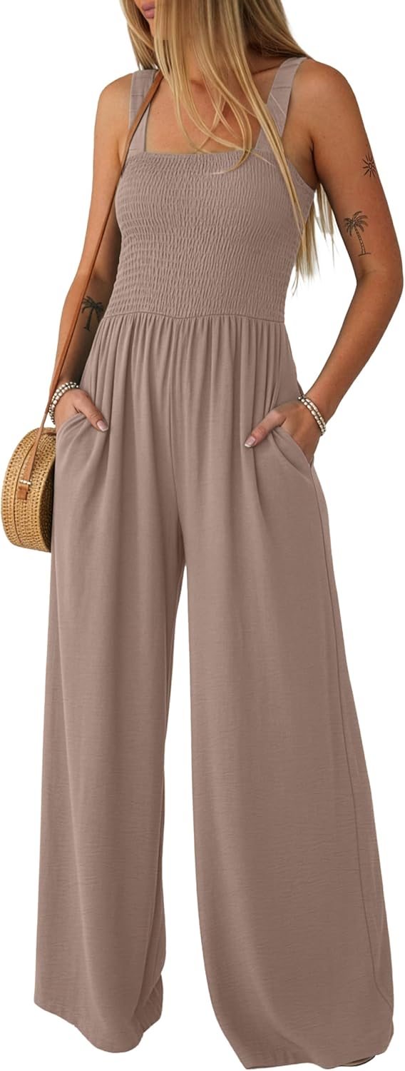 Lepunuo Jumpsuits for Women Casual One Piece Overalls Smocked Wide Leg Long Rompers With Pockets Beach Vacation