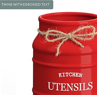 Barnyard Designs Ceramic Utensil Crock Holder for Kitchen Counter, Rustic Farmhouse Countertop Decor, French Country Organizer for Cooking Utensils, Red, 15 x 17cm