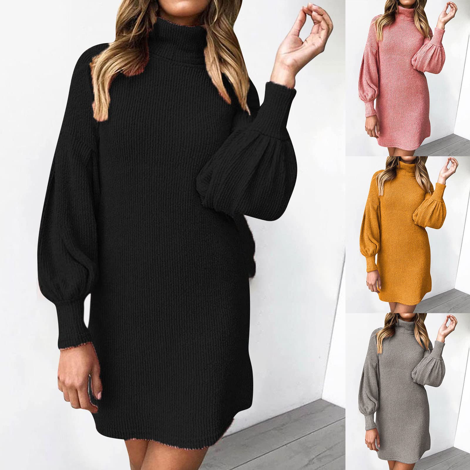 Robe pull en laine stretch élégante - Longue robe en tricot - Robe chaude à col roulé - Robe d'hiver - Grandes tailles - Mini robe pull d'automne