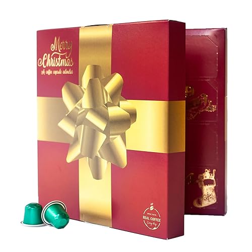Calendario de Adviento navideño con 48 cápsulas compatibles con Nespresso de Real Coffee. Cápsulas de aluminio reciclables de línea original. Dos