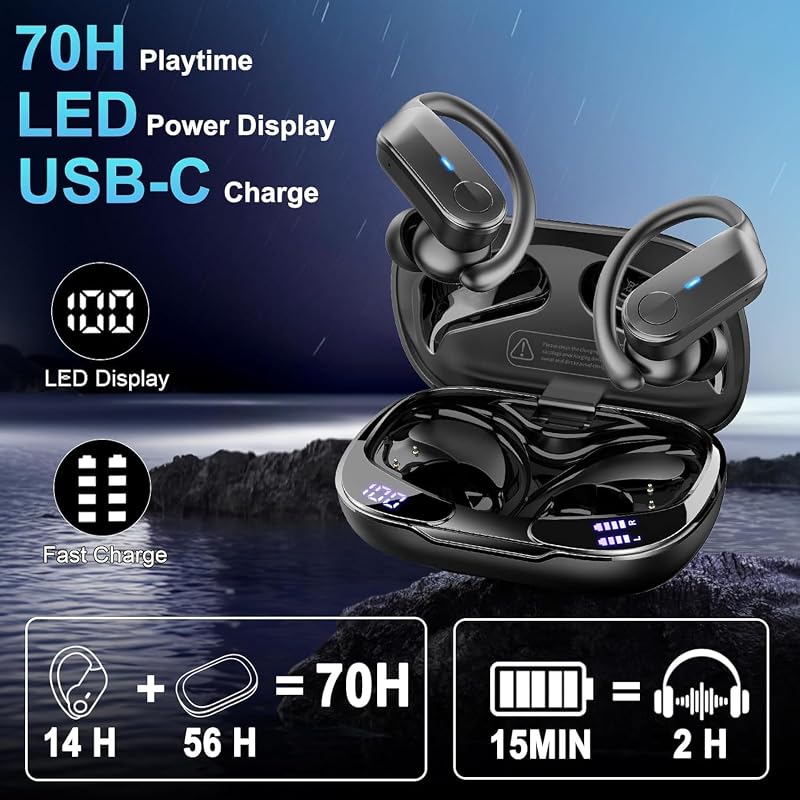 Wireless Earbuds Sport with Earhooks, Bluetooth 5.4 Headphones with 4-Mic ENC Noise Cancelling, IPX8 Waterproof, 70H Deep Bass, LED, USB-C Earphones for Running Workout Gym, Ear Buds for Android iOS image 4