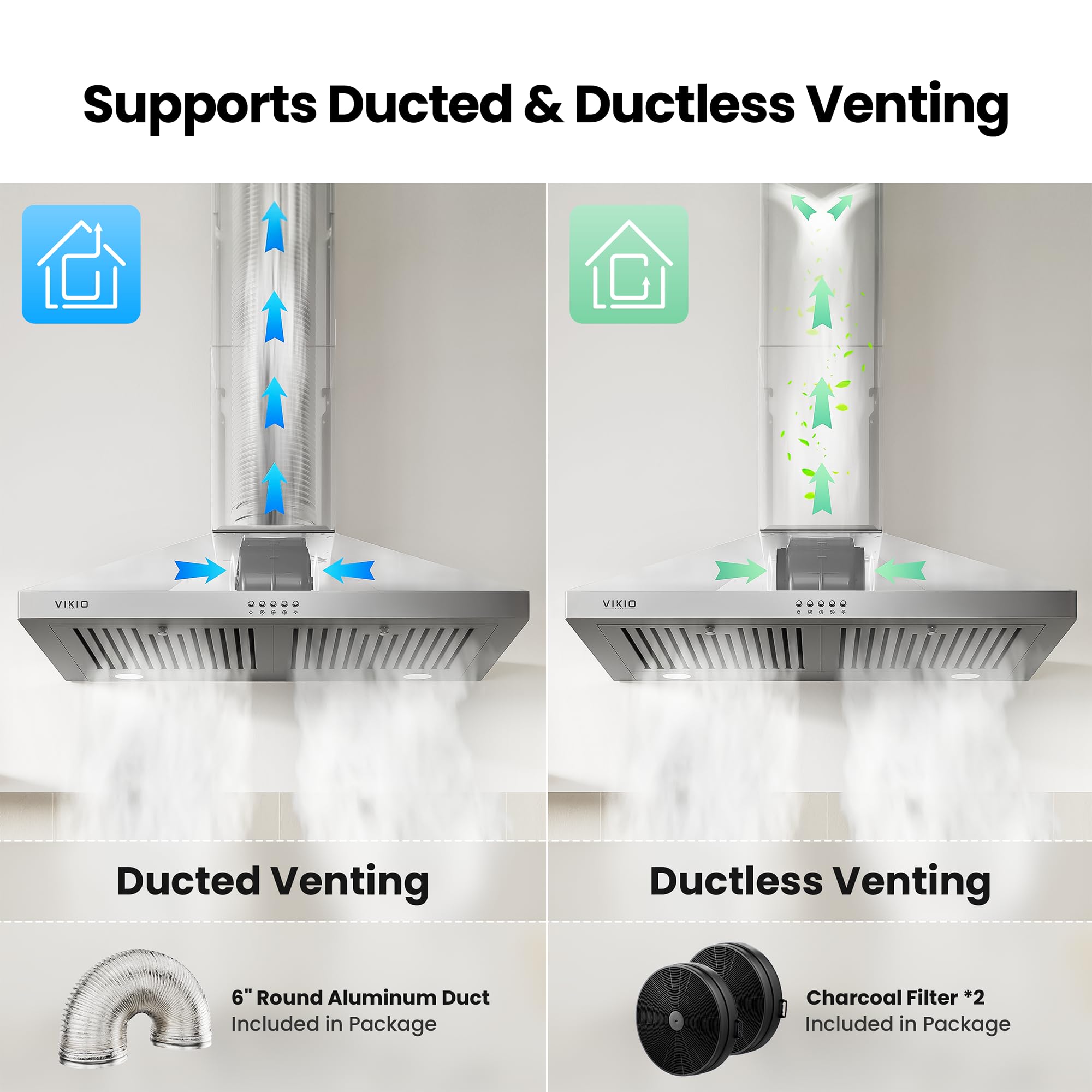 30 Inch Wall Mount Range Hood, 450 CFM Stainless Steel Kitchen Vent Hood, Convertible Ducted/Ductless with Charcoal Filters, Baffle Filters & Dual LED Lights - 4