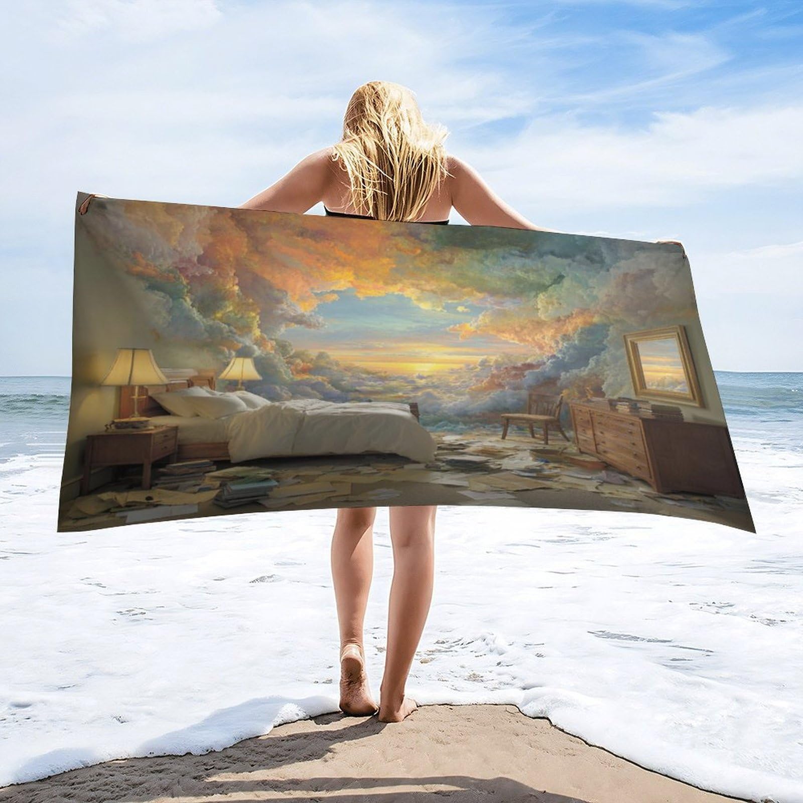 Luyysky Retro Fantasy Colorful Cloud Quick-Drying Beach Towel, Vintage Aesthetic Natural Landscape Sunrise Pattern Travel Vacation Single Sided Pile Bathroom Towels-80 W Cm X 160" L Cm