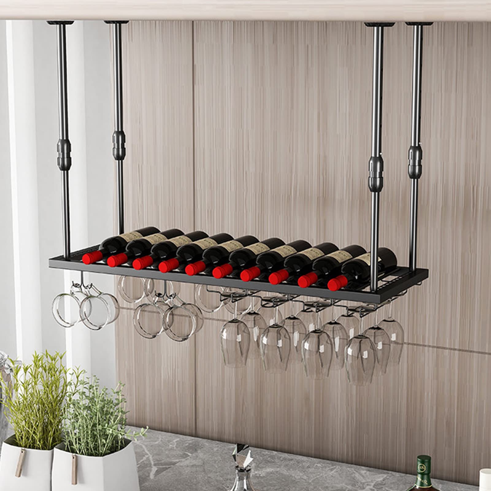 Support de stockage de vin suspendu en fer noir haut de gamme pour plafond