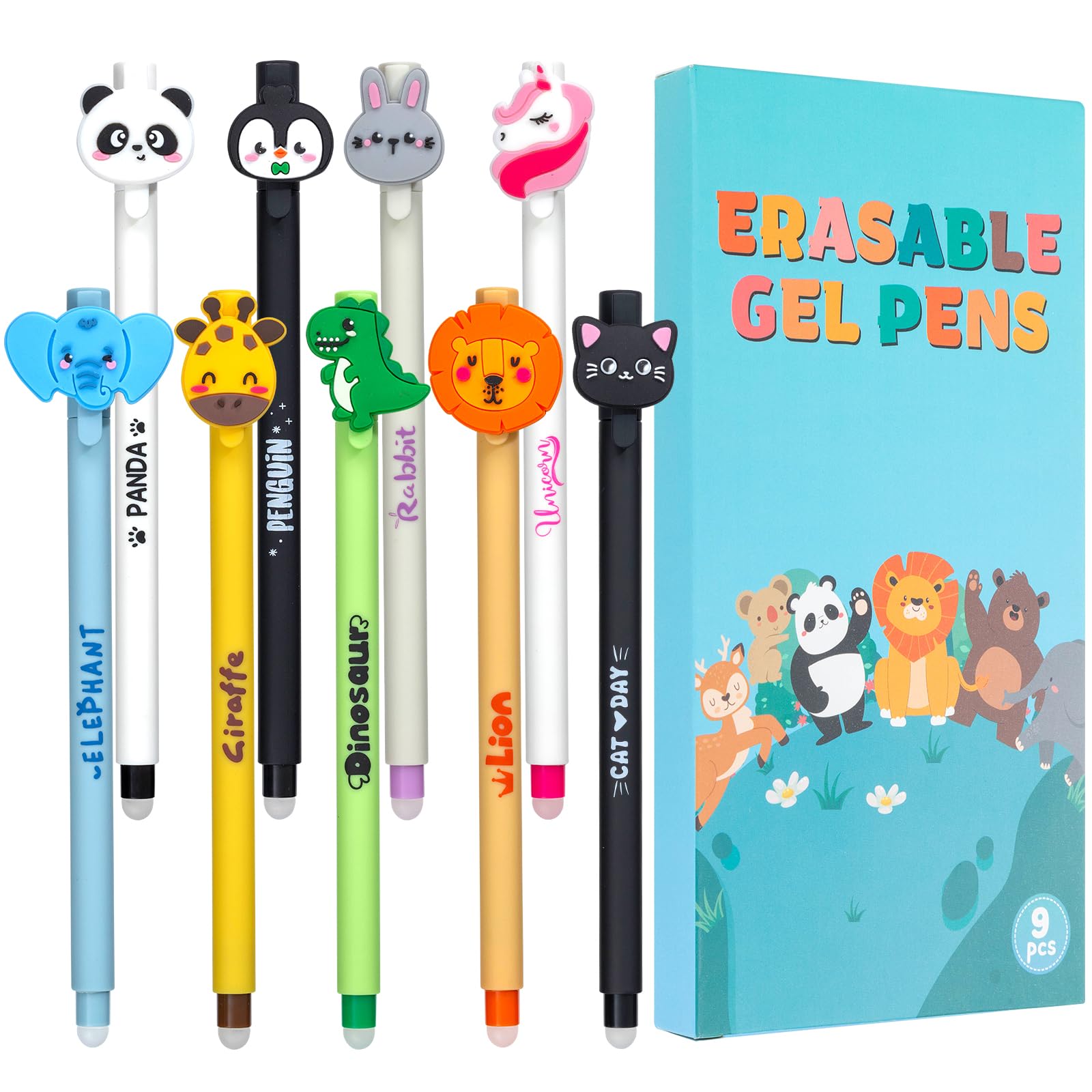 Thboxes 9 Stück Radierbarer Kugelschreiber, 0,7mm, Gelstifte mit Tiermotiven, Tintenroller, Geeignet zum Schreiben, Zeichnen und Notizenmachen in Schule und Büro(Blau)