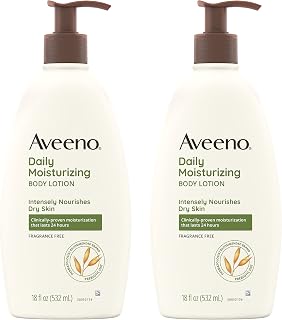 Aveeno Daily Moisturizing Lotion with Prebiotic Oat, Fragrance-Free 18oz Pump (Pack of 2) – 24HR Dry Skin Relief