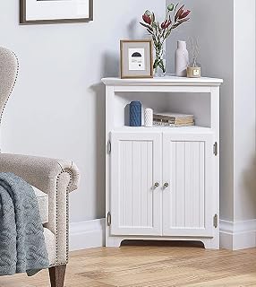 UTEX Bathroom Corner Storage Cabinet Freestanding Narrow Floor Cabinet with Doors & Adjustable Shelves, White MDF Organizer for Kitchen Living Room
