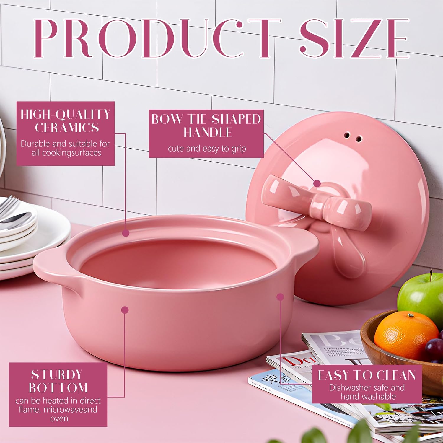 LemonRoad Pink Ceramic Casserole Dish with Lid 2.64 Qt Dutch Oven Pot with Bow Lid Dual Handles Stovetop Safe Braiser, Soup Pot for Baking, Roasting, Serving, Stew Rice Stylish Cookware