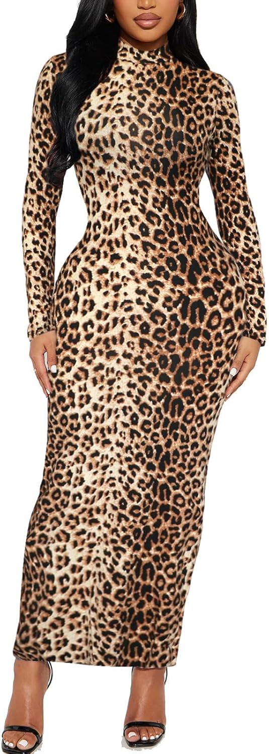 Women's Long Sleeve Bodycon Dress Maxi Mock Neck Fall Winter Casual Club Party T Shirts Tight Dresses