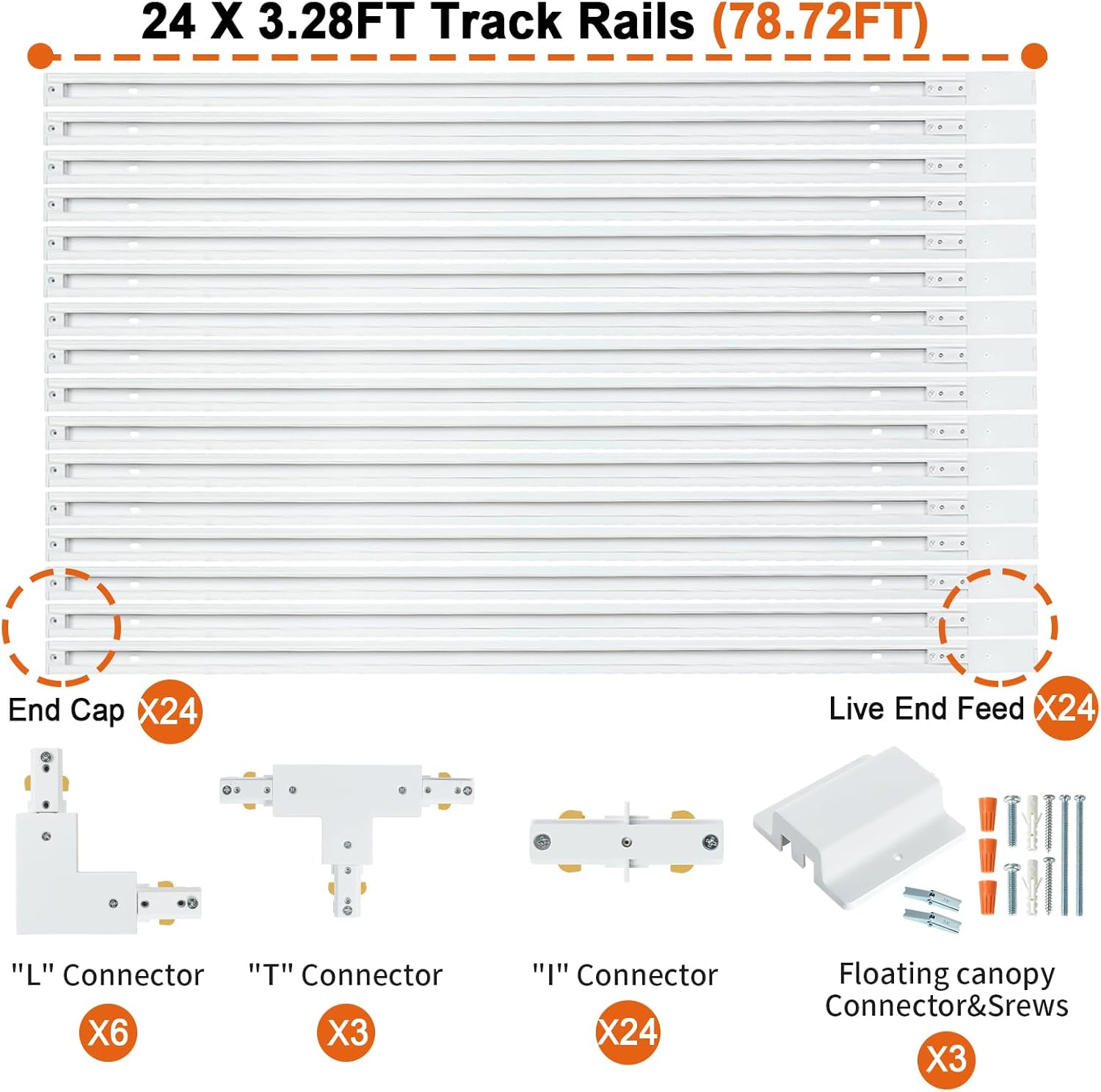 78FT H Track Lighting Rail Kit, White H Type Track Lighting Rails with Floating Canopy Connector, I&L&T Connector, End Caps and Live End Feed for H Track Heads