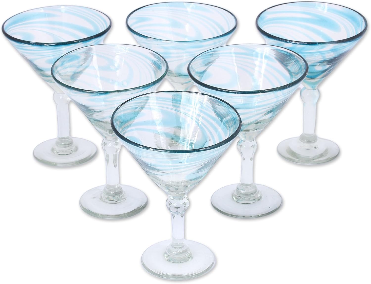 NOVICA Cerulean Threads (Set of 6) Blown Martini Glasses, 7" Tall, Blue