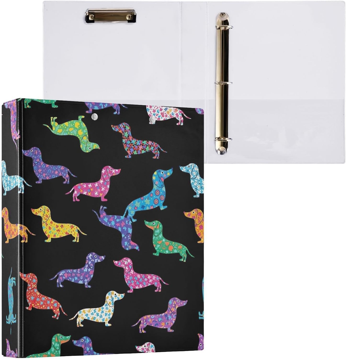 3 Ring Binder 1.5 Inch, Dachshund Dogs Black D Ring Binders with Clipboard Large 3 Binders for School, College, Office