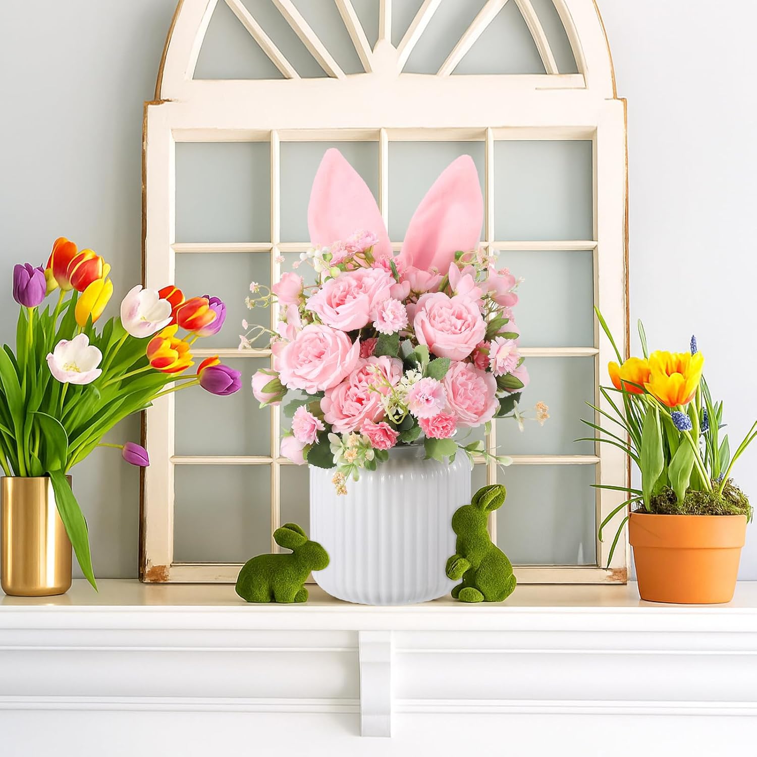 Yookeer Spring Easter Table Centerpiece Decorations Artificial Flower Bunny Ear and Vase Table 13.8 x 5.1 Inches Pink Spring Centerpieces Plush Rabbit Decor for Dining Room Home Office