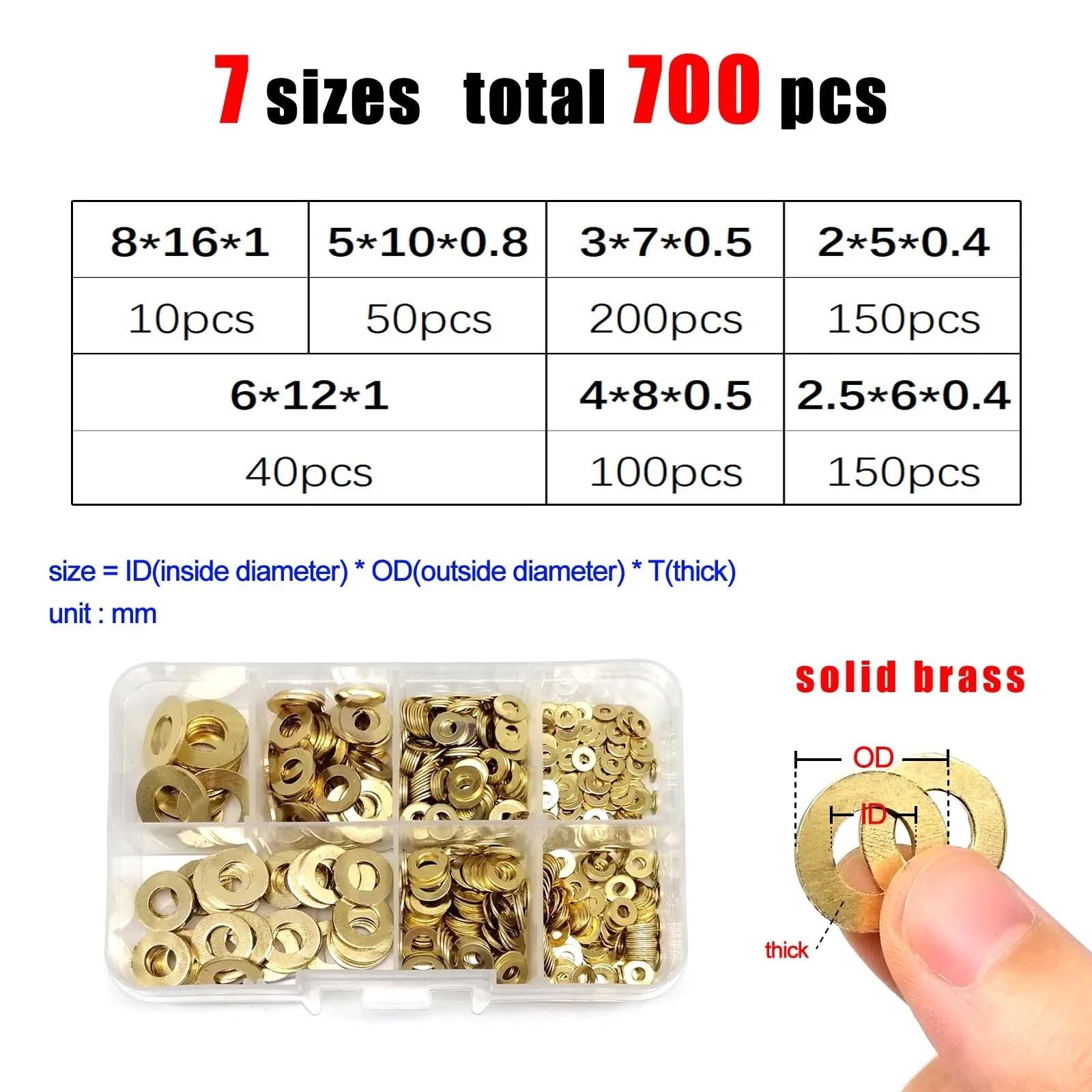 Arandelas metálicas planas, Kit Surtido de Arandelas Planas Multicolor M1.6-M16 320-1035uds(700pcs brass)