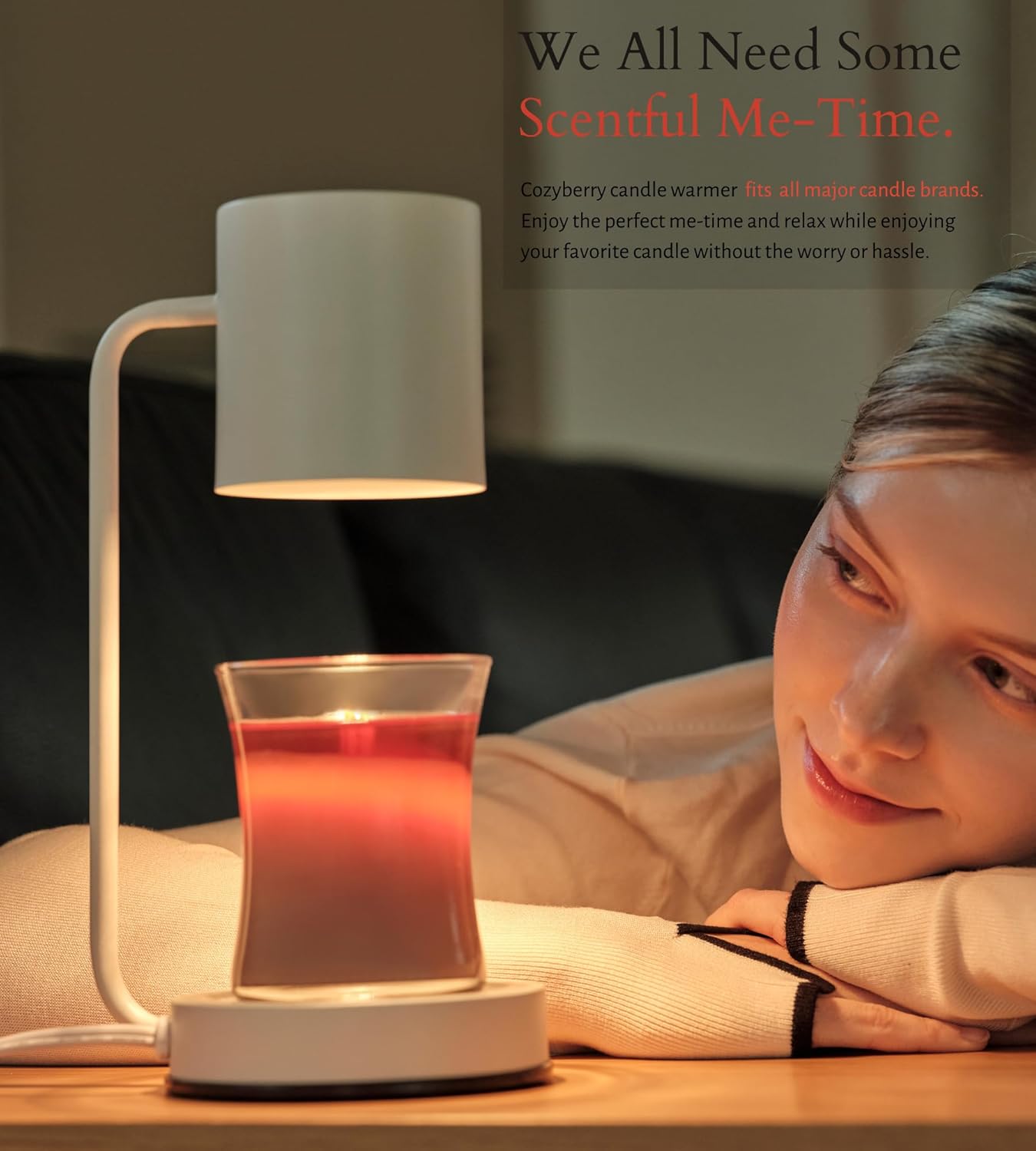 Cozyberry® Querencia™ Candle Warmer Lamp, Timer, 2 x Bulbs Included, Compatible with All Candles, Candle Lamp, 110-120V, Dimmable Candle Melter, Small & Large Size Jar Candles (White)