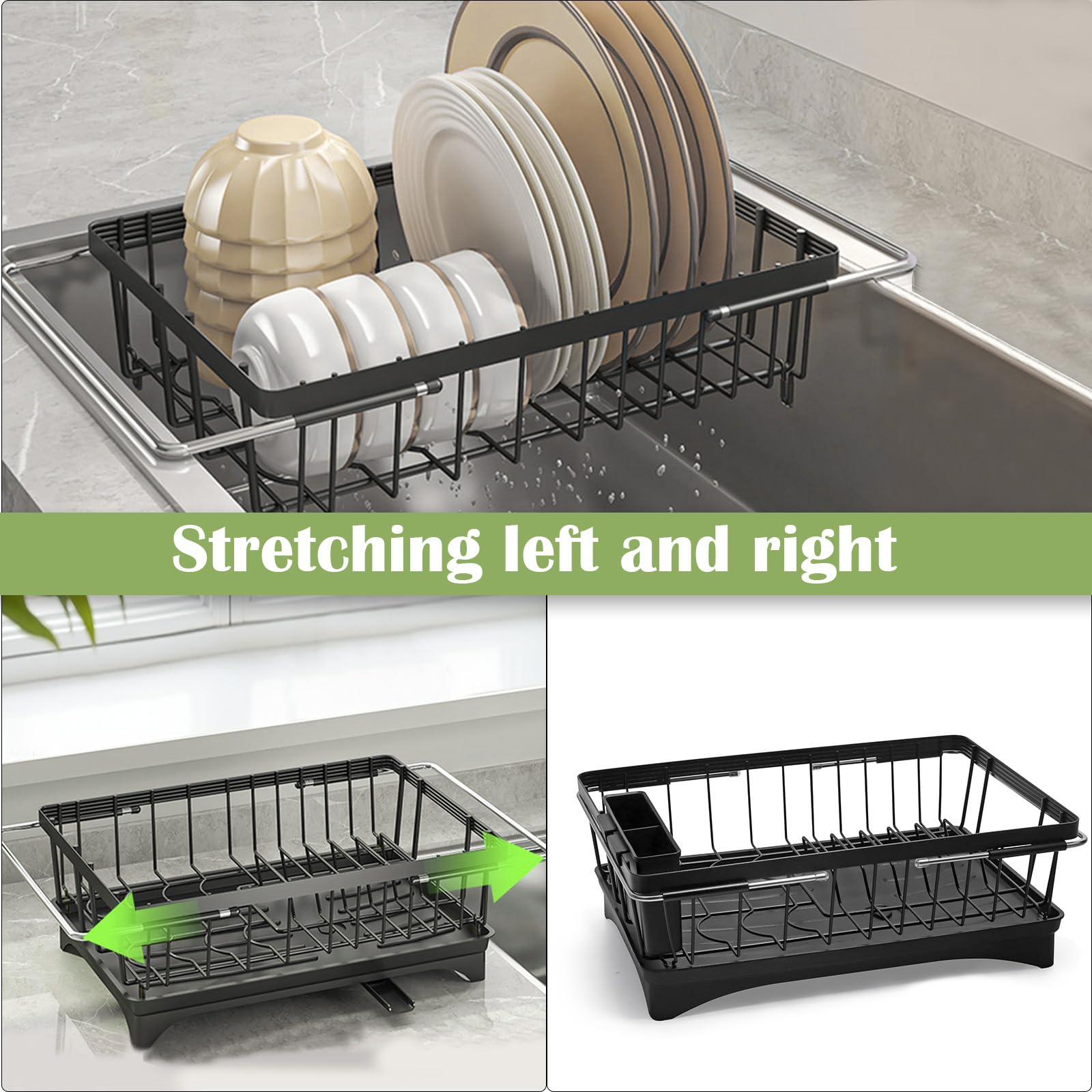 cutesun Escurridor de platos que ahorra espacio, para encimera de cocina y fregadero, estante de secado inoxidable con soporte grande para utensilios y pies aumentados, 15 pulgadas de profundidad x 11