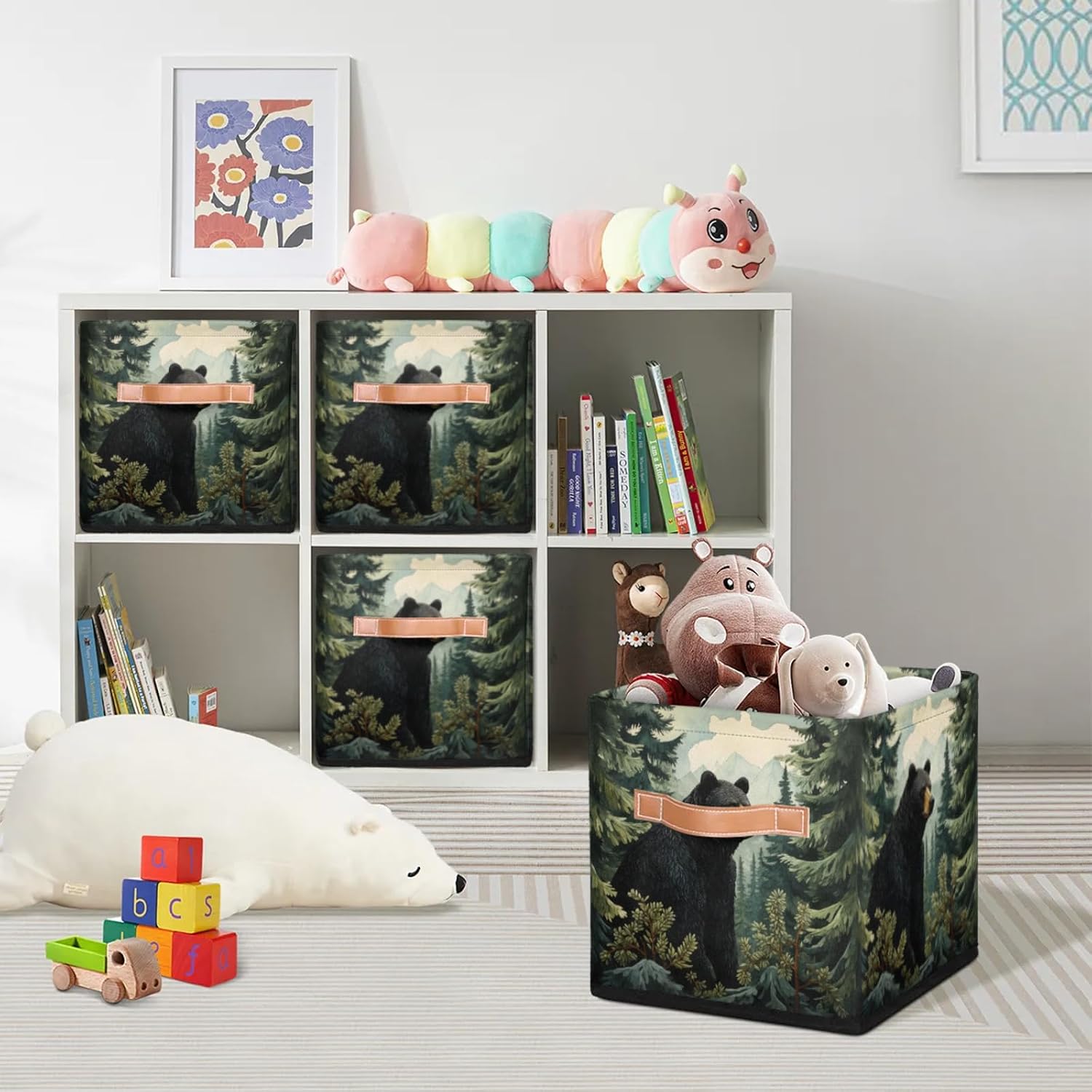 11 Inch Fabric Storage Cube with Handles, Black Bear Forest Collapsible Storage Basket for Shelves, Square Storage Bin Canvas Closet Organizer for Decor