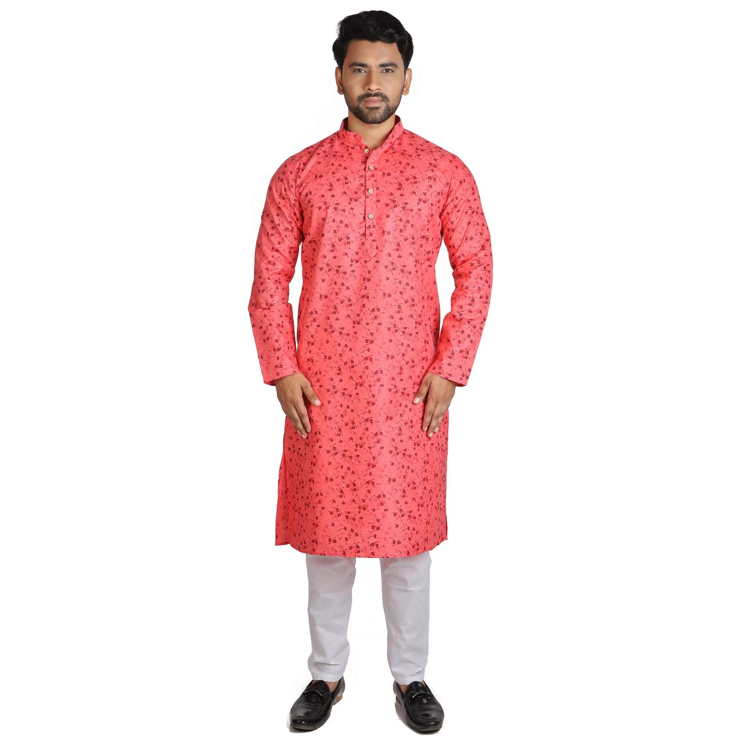 RIGALMen's Magic Printed Leaf Kurta Pyjama Set (42, Pink)