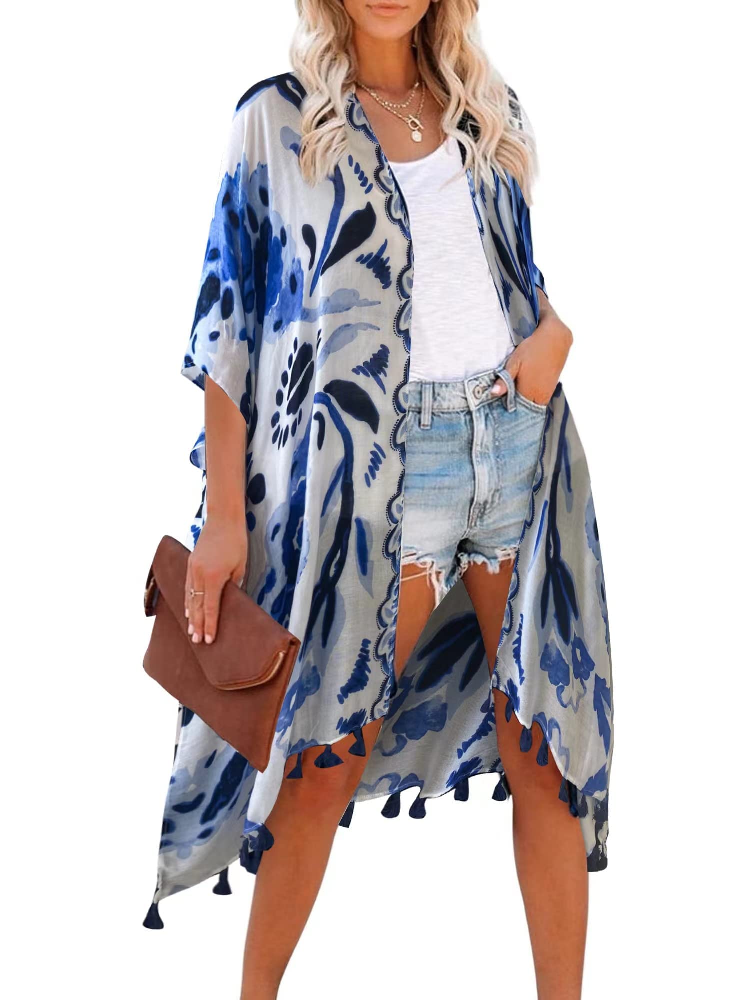 Moss Rose Women's Beach Cover up Swimsuit Kimono Cardigan with Bohemian Floral Print - blue - One Size