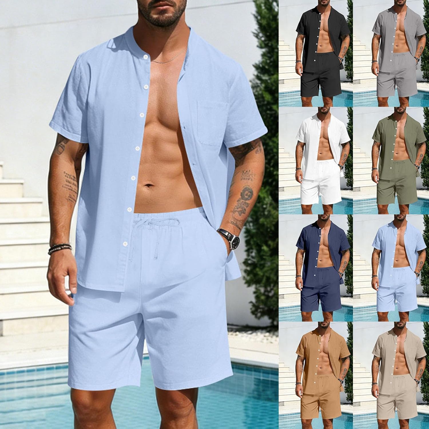 Cambkatl 2 Piece Outfits for Men Summer Stand Collar Linen Shirts with Shorts Business Casual Matching Sets with Pockets
