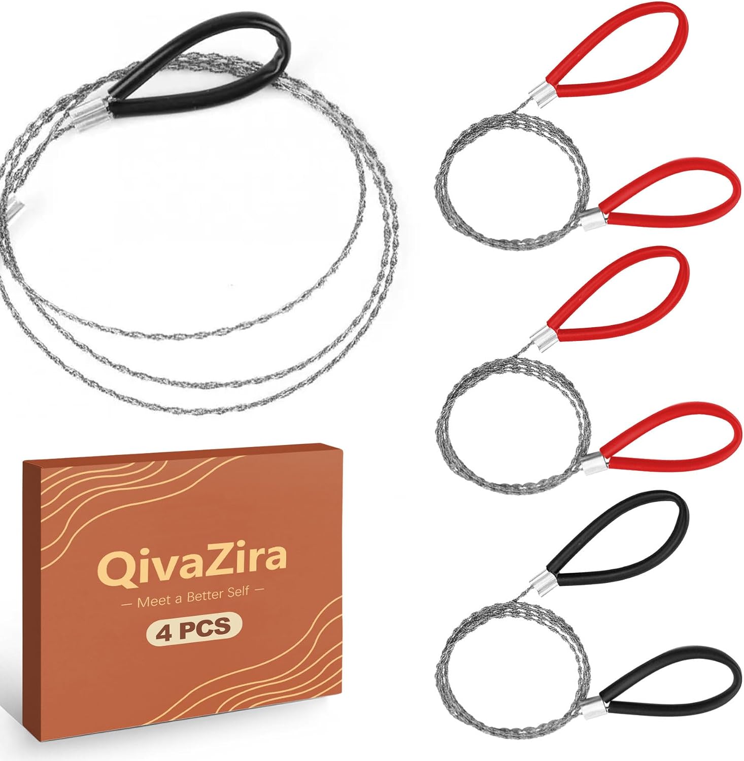 4 Pack Wire Saw 23.6 Inch Cable Hand Saws for Outdoor Survival Gear Camping Hiking Tools Portable Wood PVC Pipe Metal Cutting Equipment Backpacking Hunting Kit Red Black