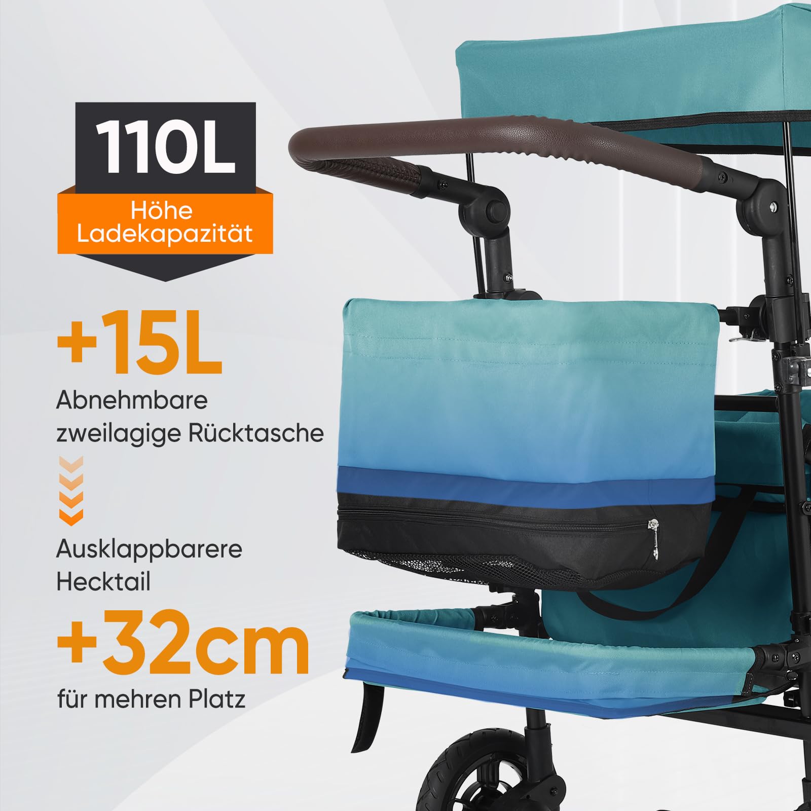 Sekey Wózek składany z dachem, dla 2 dzieci, 150 kg, wózek ręczny, uchwyt przesuwny, odporny na uderzenia, koła PU z hamulcami 110 l, SS5050, ciemnozielony