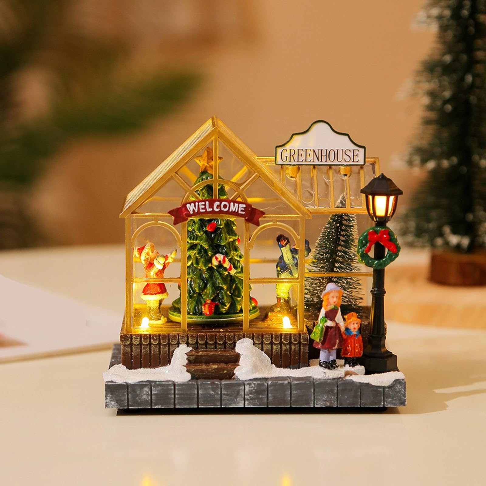 Adorno de resina musical de temporada navideña con luz LED, figura giratoria de árbol de Navidad, decoración de escritorio, adorno musical de casa