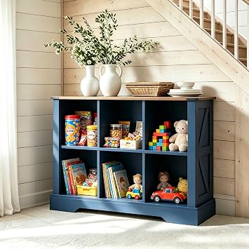 6 Cube Storage Organizer, Wood Cube Bookshelf with LED Lights, Horizontal Storage Cubes, Kids Bookshelf, Display Cabinet Cubby Shelf for Living Room Home Office Bedroom,Navy Blue