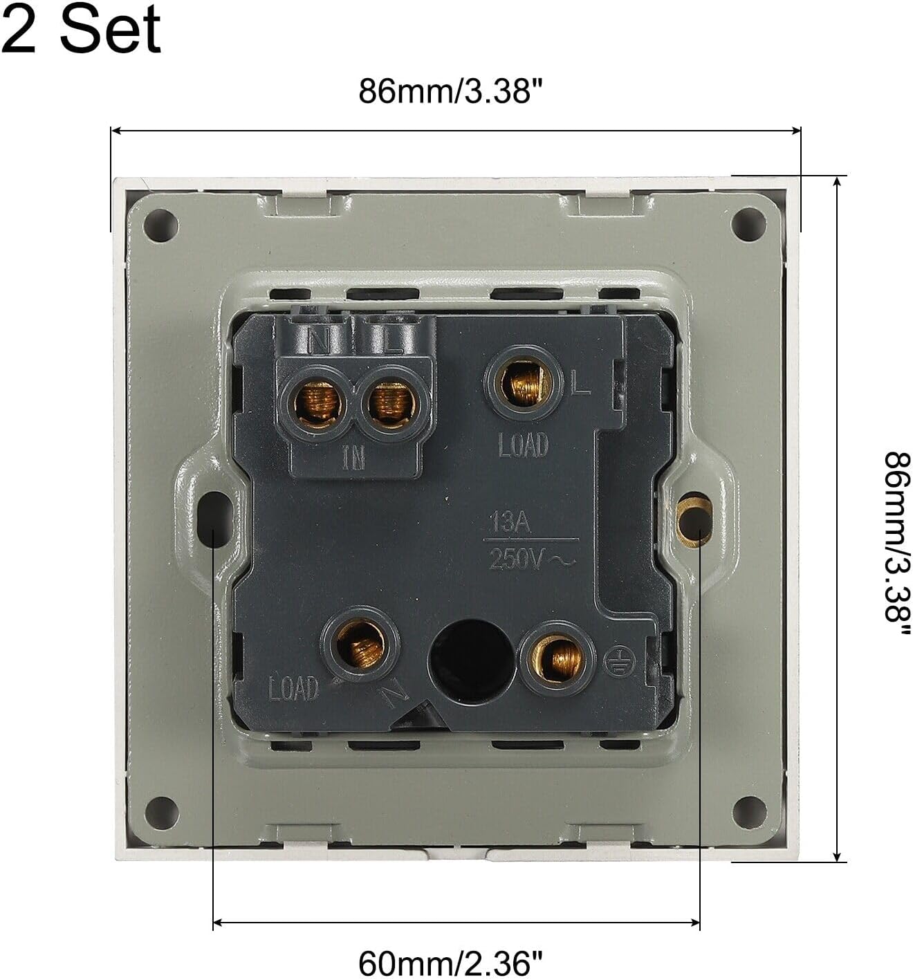 UK Socket Switch Power Outlet with Fuse Grey 250V 13A 86mmx86mm Pack of 2 YENS 593