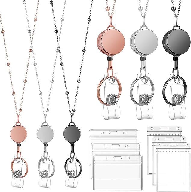 Molain 9Pcs/Set Retractable Badge Reel Lanyard with ID Holder, Stainless Steel Necklace Lanyard with Transparent Card Holder and Keychain, Badge Holders for Women Teachers Nurse Students