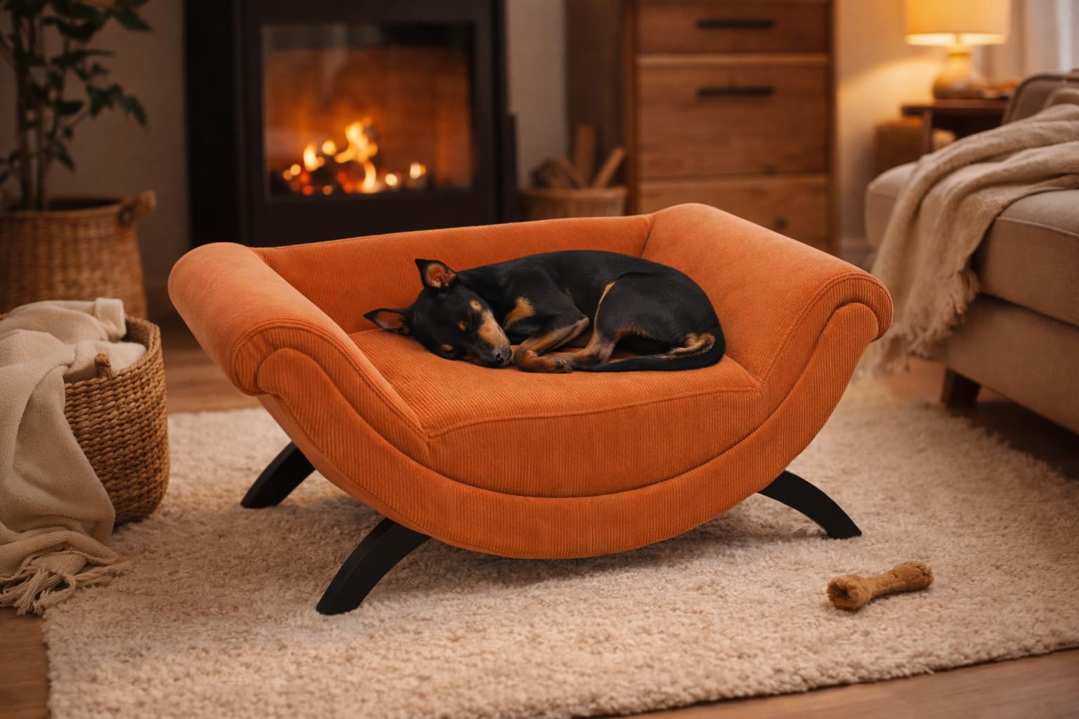 Panier Chien - Panier Chat - canape Chien - Dingo - Sofa - rectangulaire - Orange - 80x43x28 cm - Textile et Bois - pour Petits Chiens et Chats - Pieds en Bois