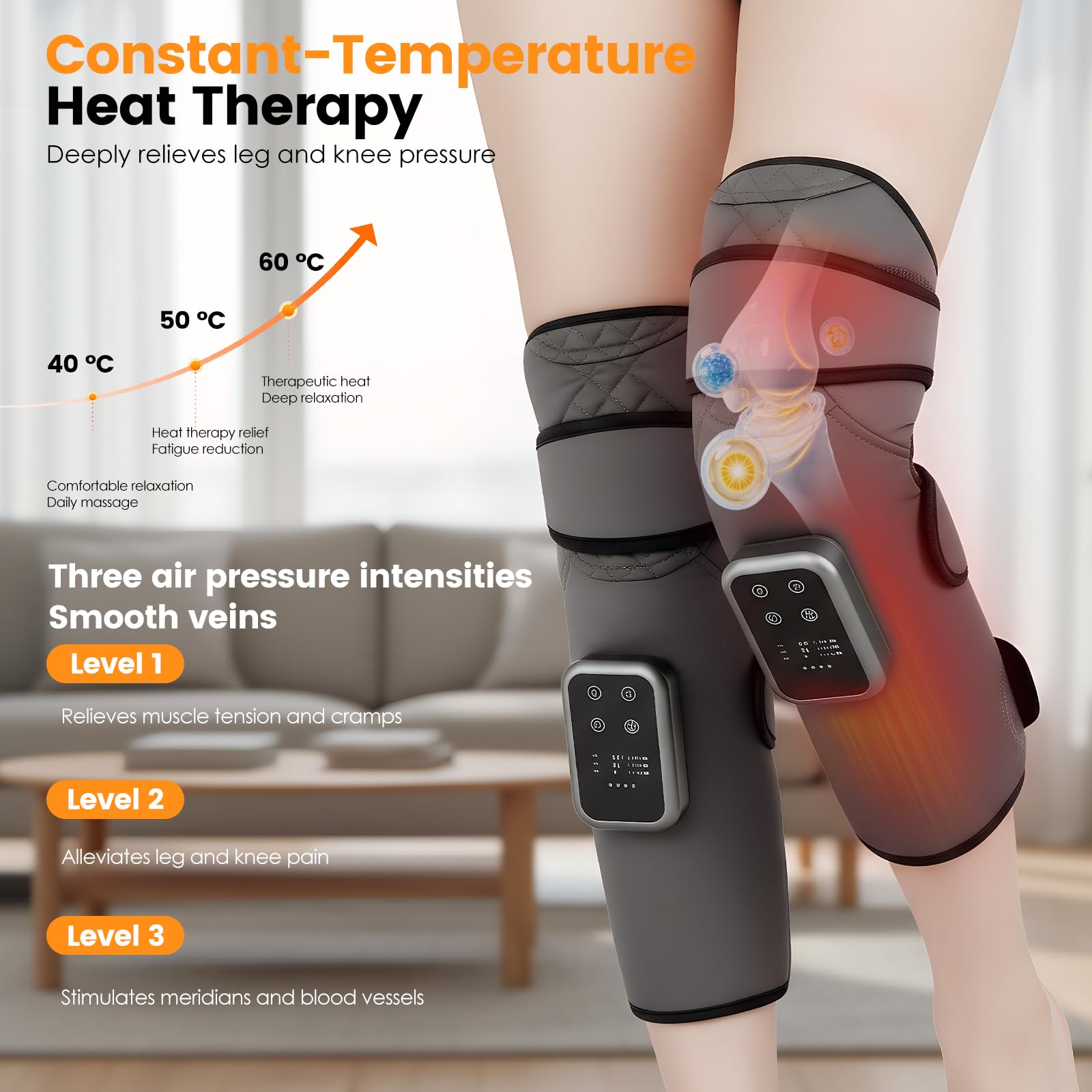 Beinmassagegerät mit Wärme, 2-in-1 Knie und Waden Massager mit Luftkompression, 3 Modi 3 Intensitäten, Kabellos für Zuhause Büro Reise