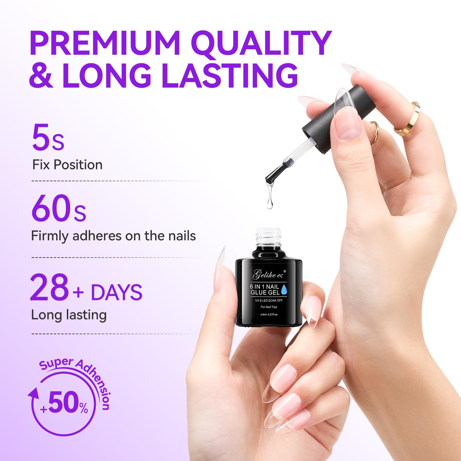 Gelike EC Gel Nail Glue for Press Ons: 6 in 1 Strong UV Nail Glue for Nail Tips and Acrylic Nail - Long Lasting 28 Days Hold Quick UV Cure - Hema Free Formula for Beginner Friendly DIY for Home Salon